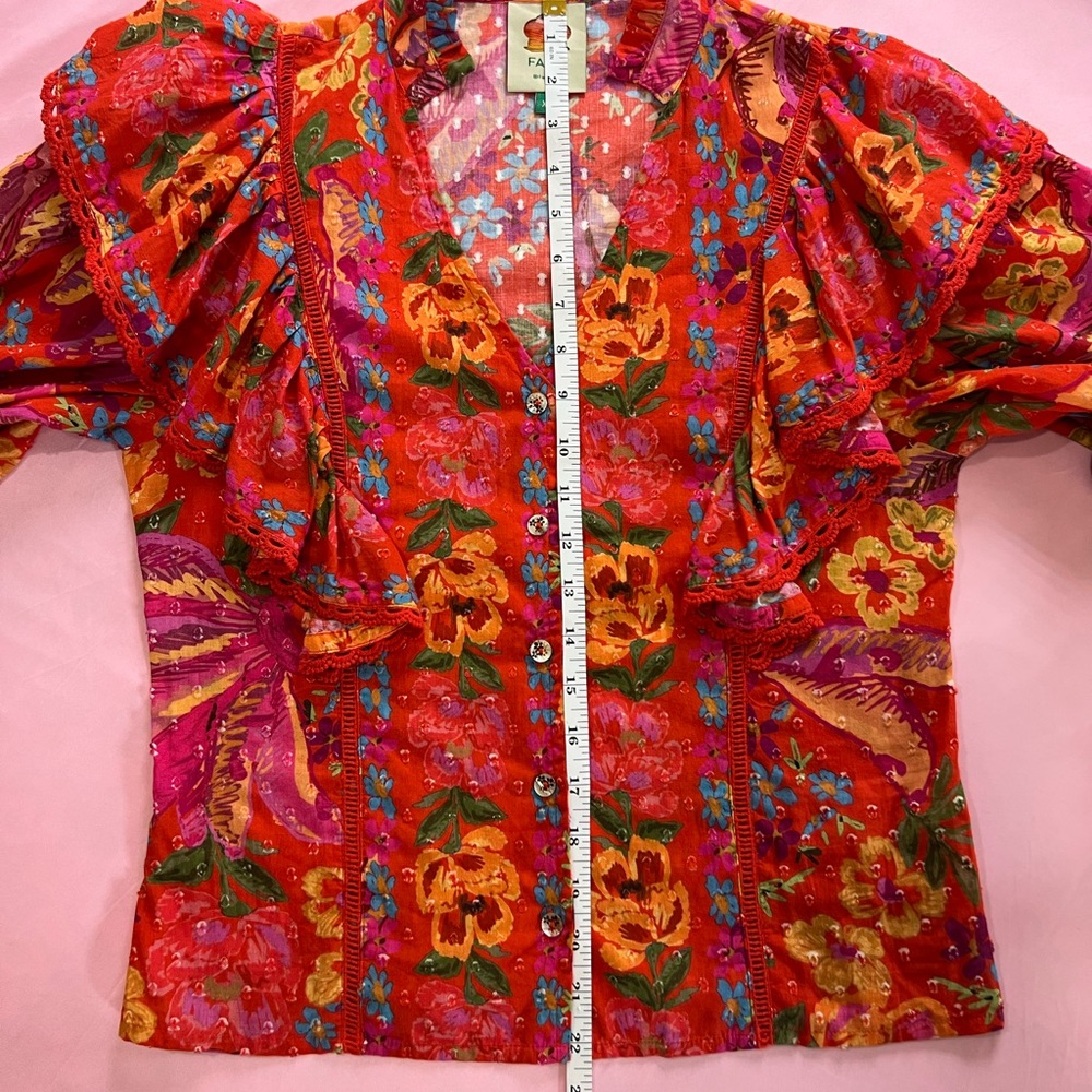 FARM Rio Spring Red Banana Blouse Ruffle-Trim Size XS - Picture 7 of 10